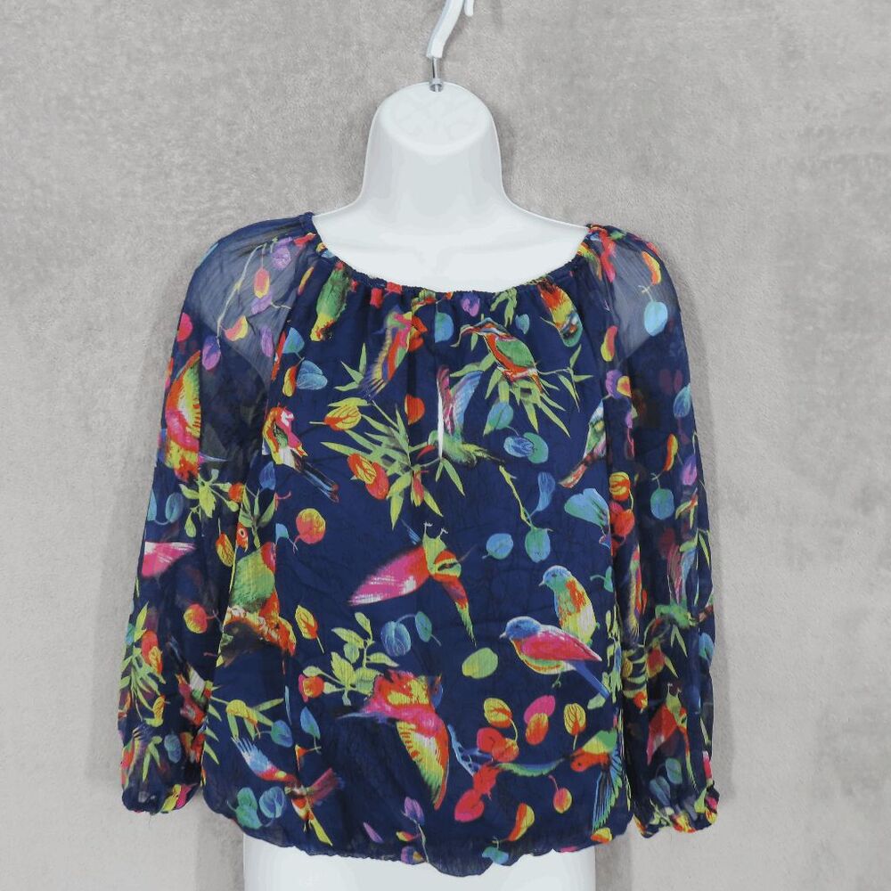 Philosophy Small Peasant Top Blue Birds of Paradise Print Sheer Sleeve Blouse